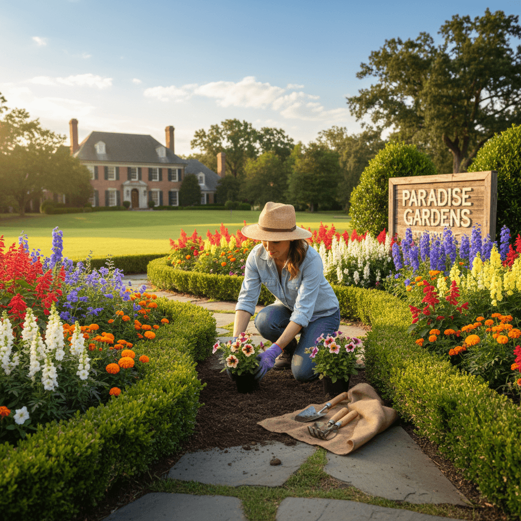 Landscaper planting flowers in a garden bed