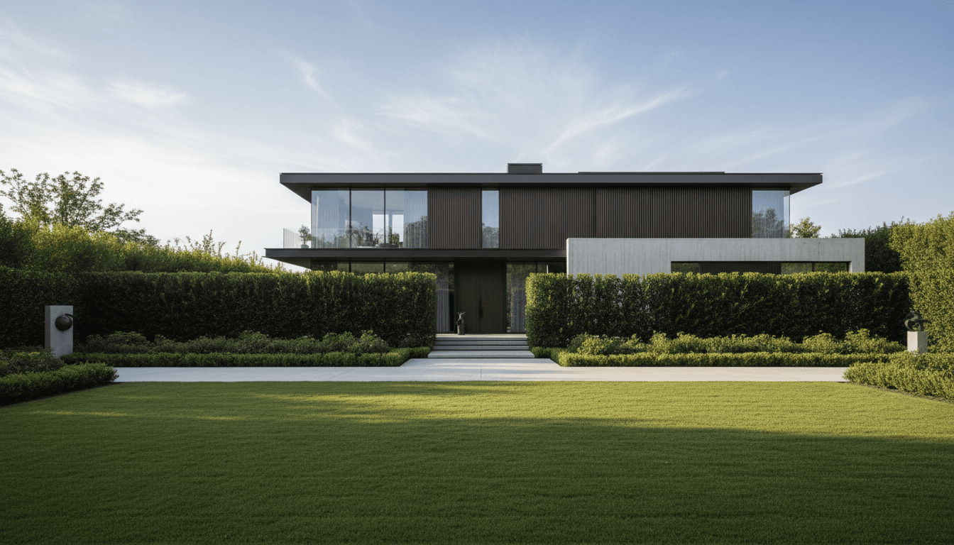 Manicured lawn and trimmed hedges in front of a house