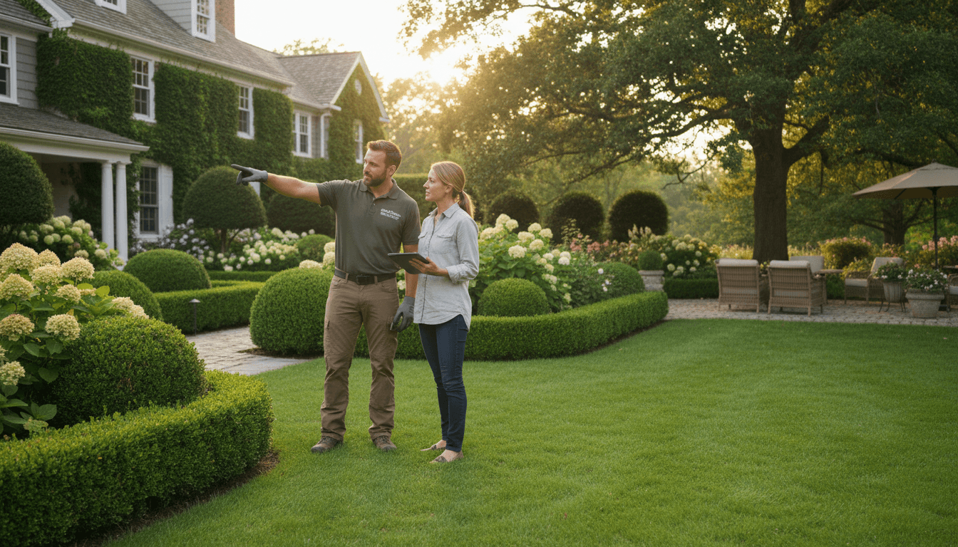 Landscaper talking with a homeowner in a well-maintained backyard garden with a green lawn and hedges