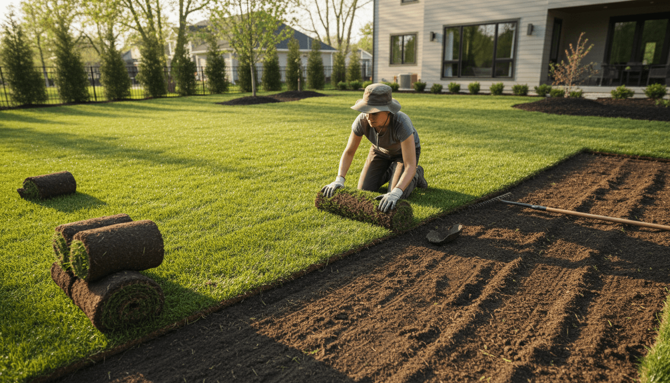 Freshly laid sod in neat rows on prepared dark soil in a sunny backyard