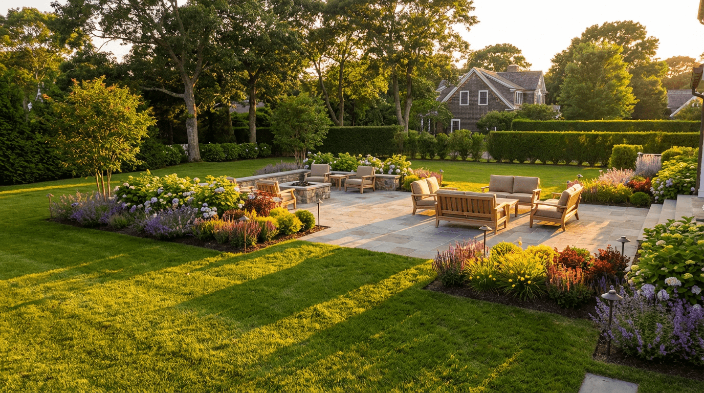 Manicured backyard lawn with flower beds around a home
