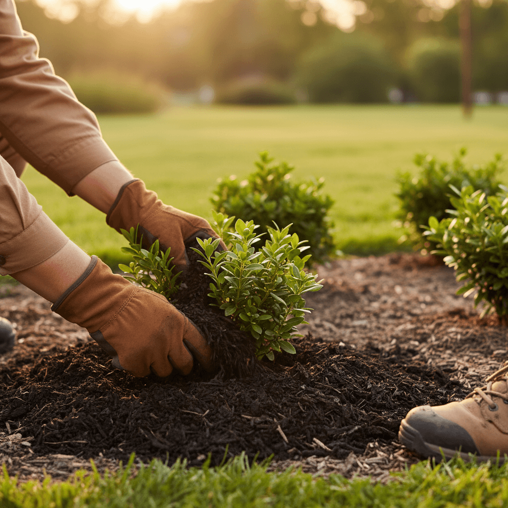 Gardener planting young flowers into a freshly mulched garden bed with gloved hands