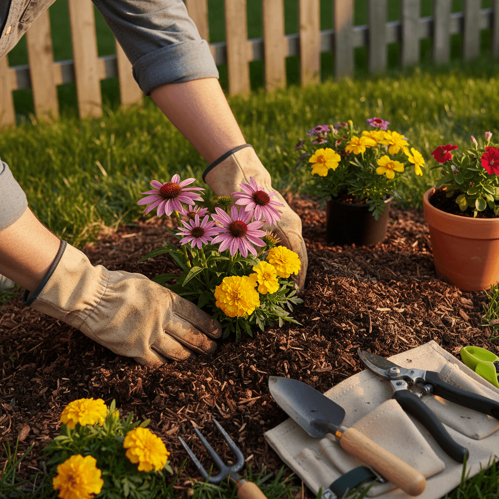 Landscaper planting flowers in a residential garden with natural light