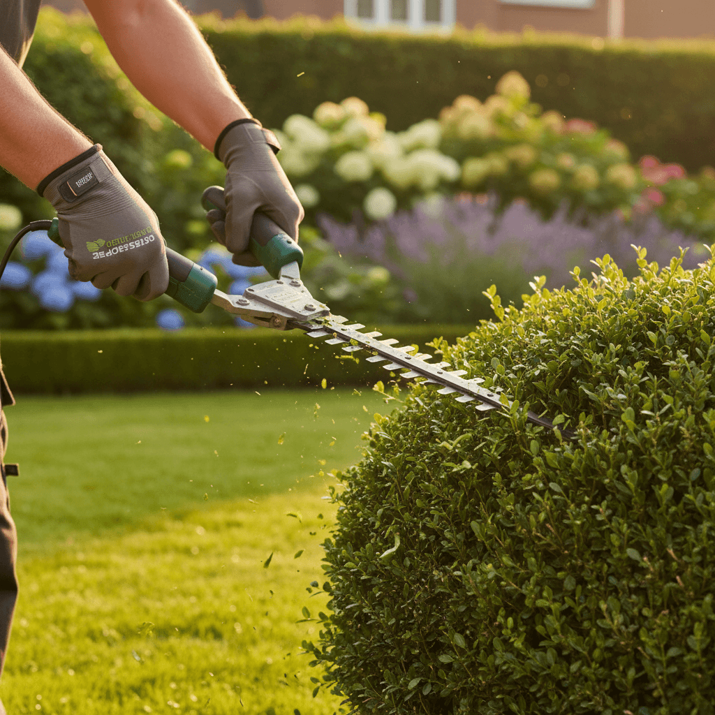 Landscaper trimming a neat green hedge with professional hedge trimmers in a suburban yard