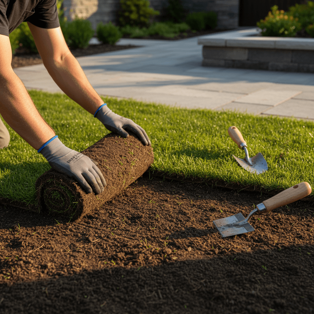 Lawn installation with fresh sod rolls