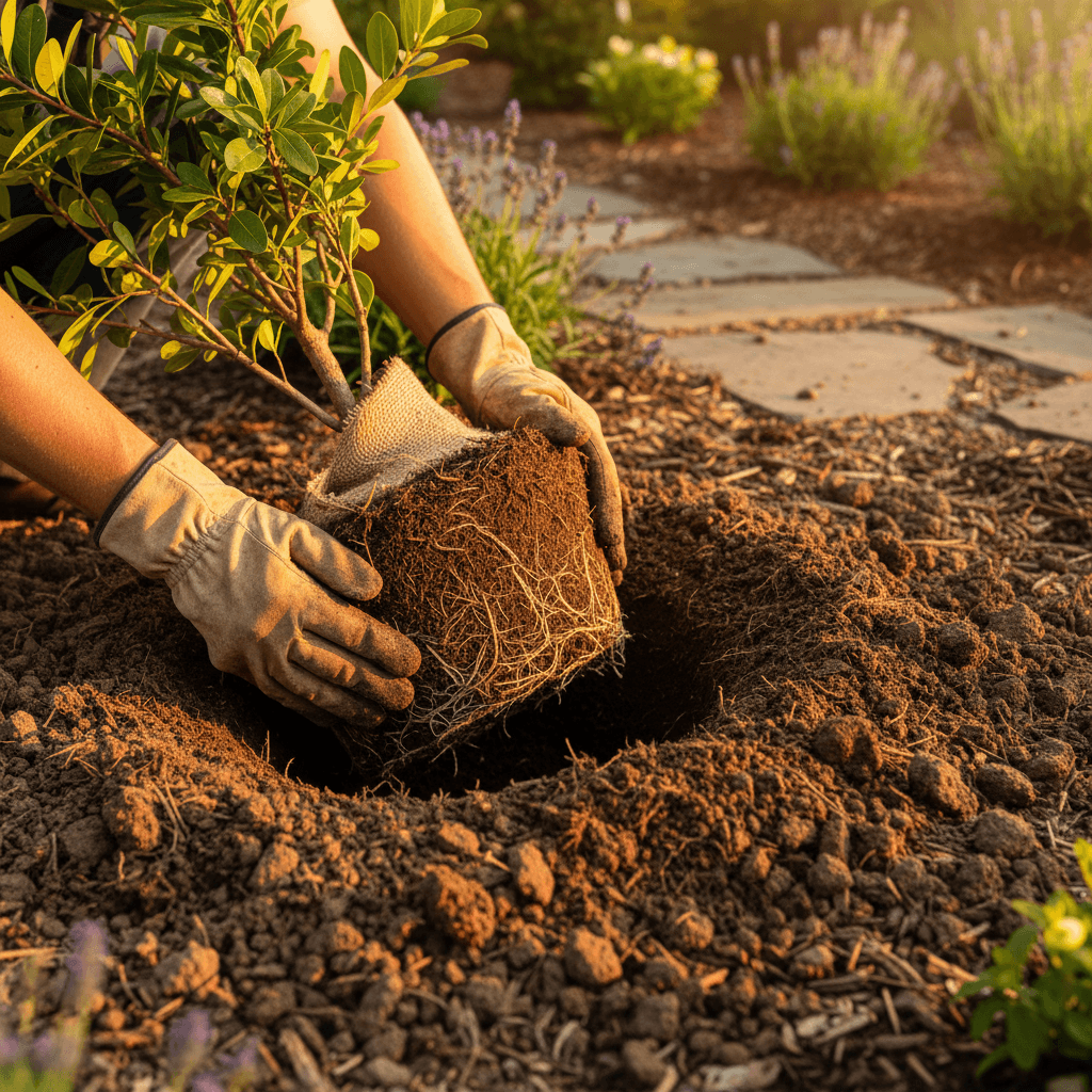 Landscaper planting shrubs in a freshly prepared garden bed