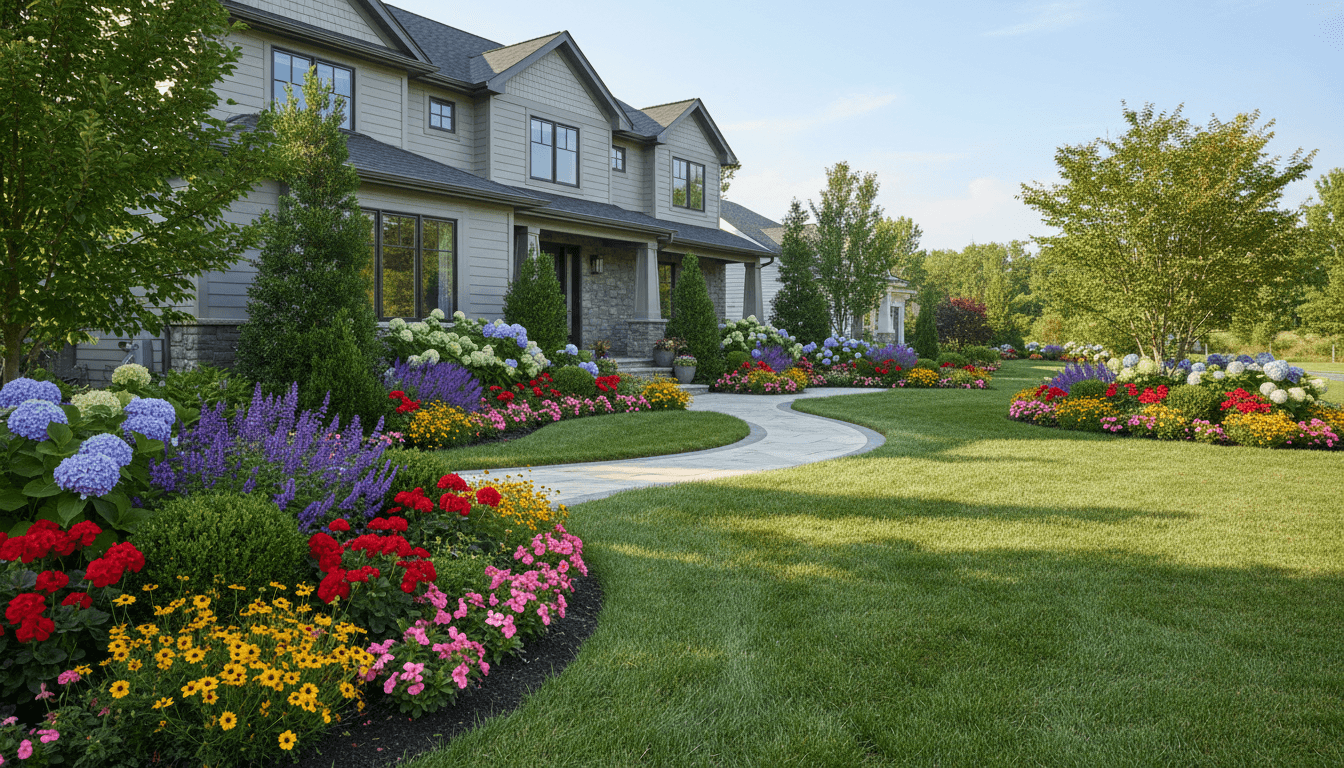 Colorful perennial flower bed with ornamental grasses and mulch in a residential garden