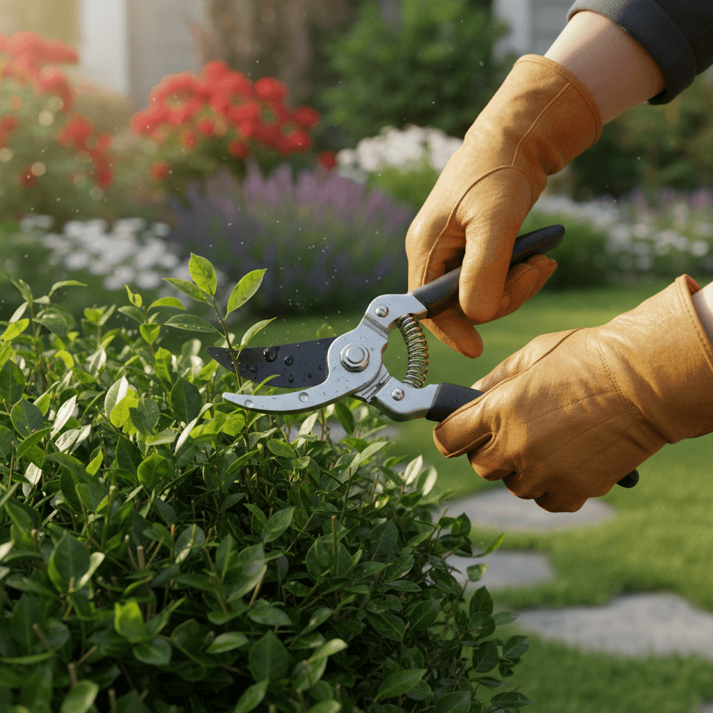 Landscaper trimming a hedge in a sunny garden