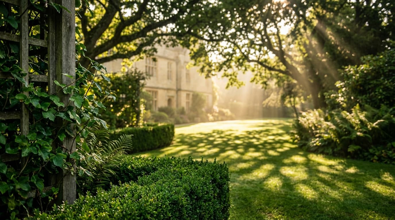 Well-maintained backyard with lush green lawn and neatly trimmed hedges